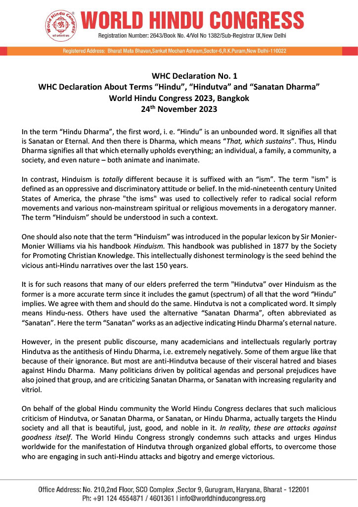 World Hindu Congress Declaration about the terms "Hindu", "Hindutva", and "Sanatan Dharma". 

Any attack and bigotry directed against these terms is an attack on Hindu Dharma and the global Hindu society.

#WHC2023
