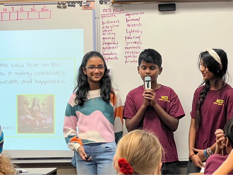 MCBprincipal's tweet photo. Nishna, Arhawa, and Anam presented the celebration of Diwali to multiple classrooms today. They included their favorite part of the celebration. Great job owls!! #WeareBUSD https://t.co/YNGdHJqHbs