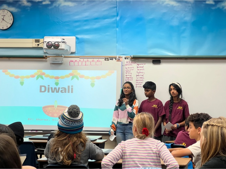 MCBprincipal's tweet photo. Nishna, Arhawa, and Anam presented the celebration of Diwali to multiple classrooms today. They included their favorite part of the celebration. Great job owls!! #WeareBUSD https://t.co/YNGdHJqHbs