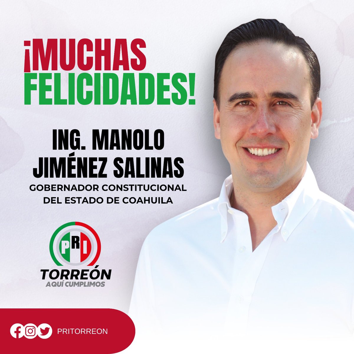 El comité municipal del PRI Torreón y su militancia le desea el mayor de los éxitos al Ing. <a href="/manolojim/">Manolo Jiménez Salinas</a> sabemos que Coahuila continuará por la ruta del desarrollo y con seguridad.

#AquíCumplimos
<a href="/Veronica_mtz/">Verónica  Martínez</a> 
<a href="/felipe_glz/">Felipe González</a>
