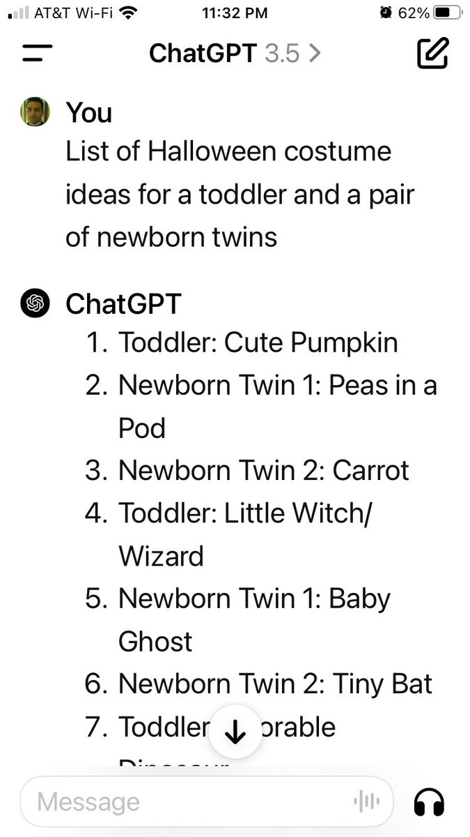 shahedC's tweet image. Why would you dress 1 twin in a “peas in a pod” costume and the other twin in a different costume lol 😂 

#ChatGPTFail 🤖