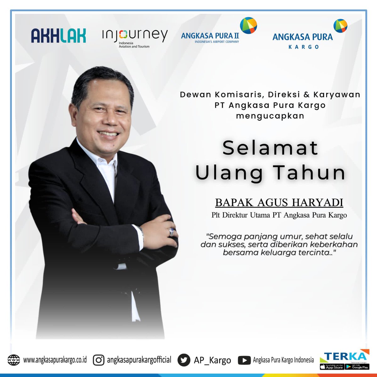 AP_Kargo's tweet photo. Pada hari istimewa ini kami ingin mengucapkan selamat ulang tahun yang penuh harapan dan kebahagiaan untuk Bapak Agus Haryadi.
.
.
#DirekturOperasi #PltDirekturUtama #APK #AngkasaPuraKargo https://t.co/72N1A99vXL