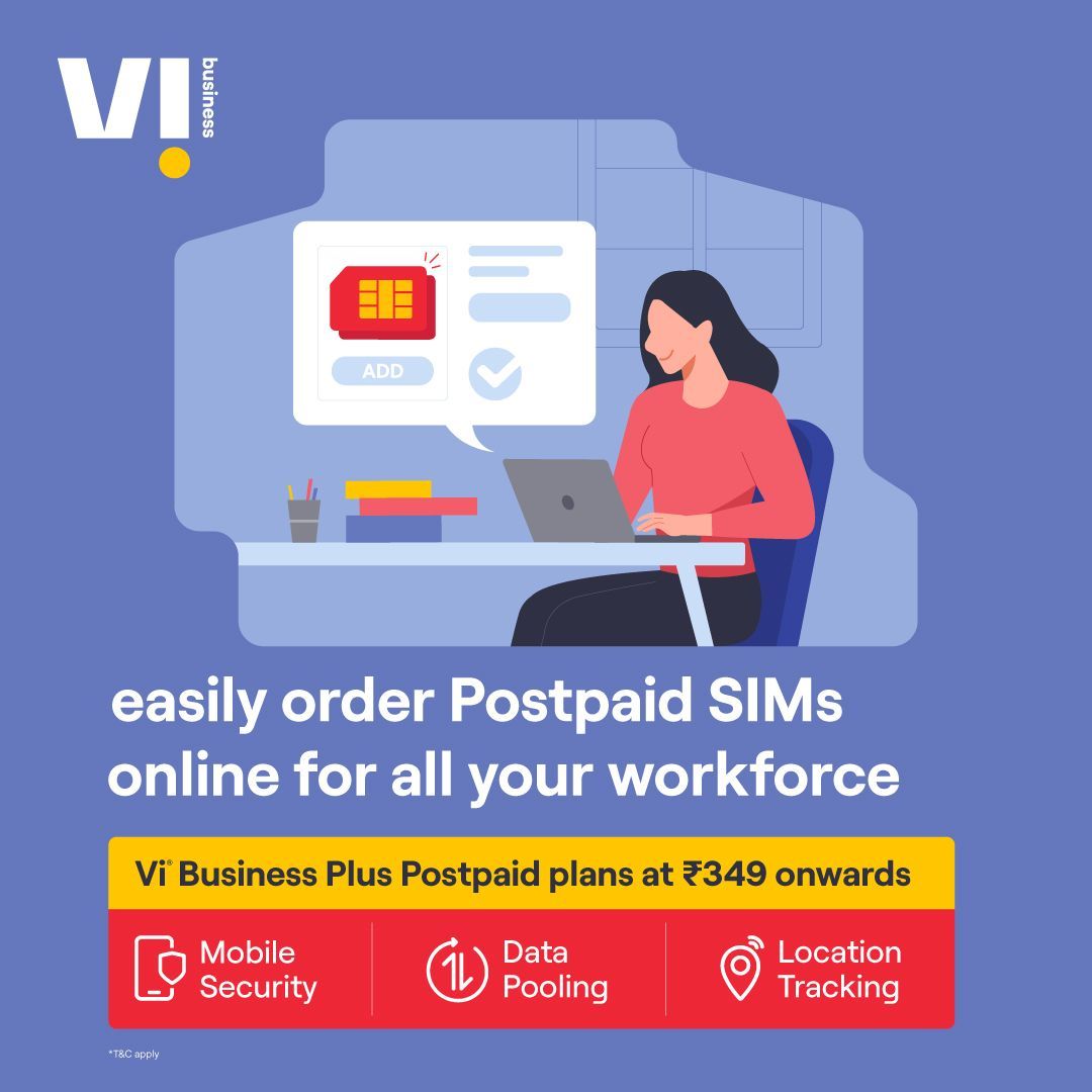 ViBusinessIndia's tweet image. Give your employees the corporate plan they deserve, without visiting the store. Order Vi Business Plus Postpaid Plans now from wherever you are​ rb.gy/ghakk9

#CorporatePostpaid #PostpaidPlan #DataPooling #LocationTracking #MobileSecurity  #ViBusiness #ReadyForNext