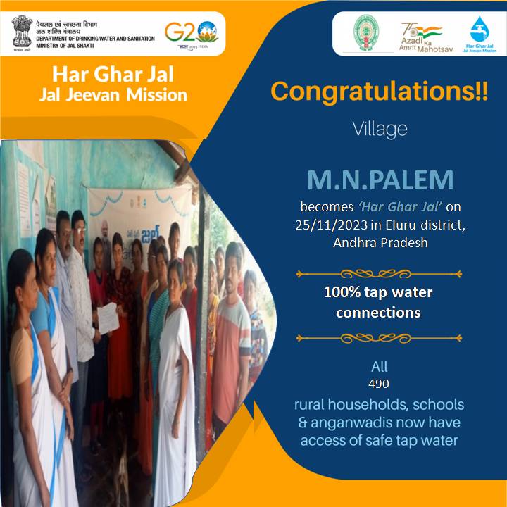 Congratulations to the people of 'M.N.PALEM' village of ELURU District, ANDHRAPRADESH State for becoming #HarGharJal with safe tap water to all 490 rural households under #JalJeevanMission as on 25.11.2023. @jaljeevan_ @gssjodhpur @prahladspatel @PIB_India @mahajan_vini @RWSS_AP