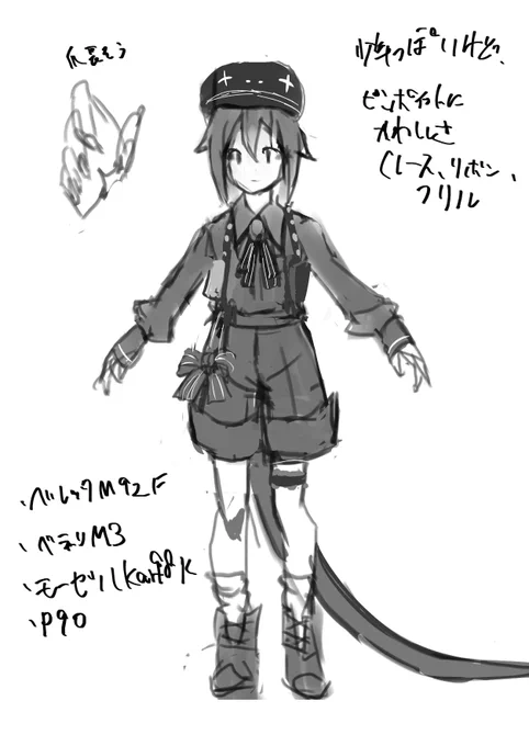 デザインもあげとく!  リザちゃんに似合うロリータ服ってあるのかなと思ってたら「王子・皇子系」というものを知りました!! なのでそれ風で描いてみましたよ～～!  銃も持たせたし、さらにあんまり王子系か怪しくなってきましたがw ハーフパンツが似合うんじゃ～～～