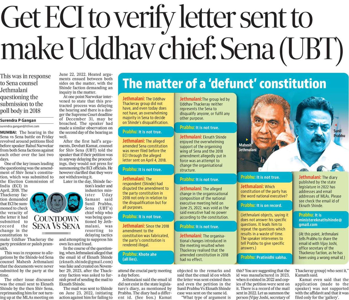 [Countdown Sena Vs Sena] Get ECI to verify letter sent to make Uddhav chief: Sena (UBT) This was in response to Sena counsel Jethmalani questioning the submission to the poll body in 2018 @htTweets @s_gangan