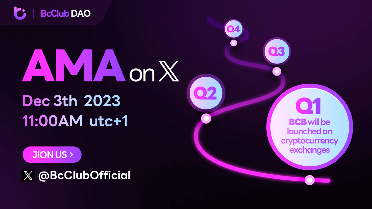 BcClubOfficial's tweet photo. Don't miss out! Join us this Sunday for a discussion about https://t.co/OGnb5oTKAX DAO in our Ask Me Anything (AMA) session. Feel free to participate and ask any questions you may have. 

📅Date: 12/03/2023
🕒Time: 11AM UTC+1
📍Venue: X 

Get ready for insights, updates, and thrilling announcements! Don't miss out! 
#usdt #AMA #bcbtoken