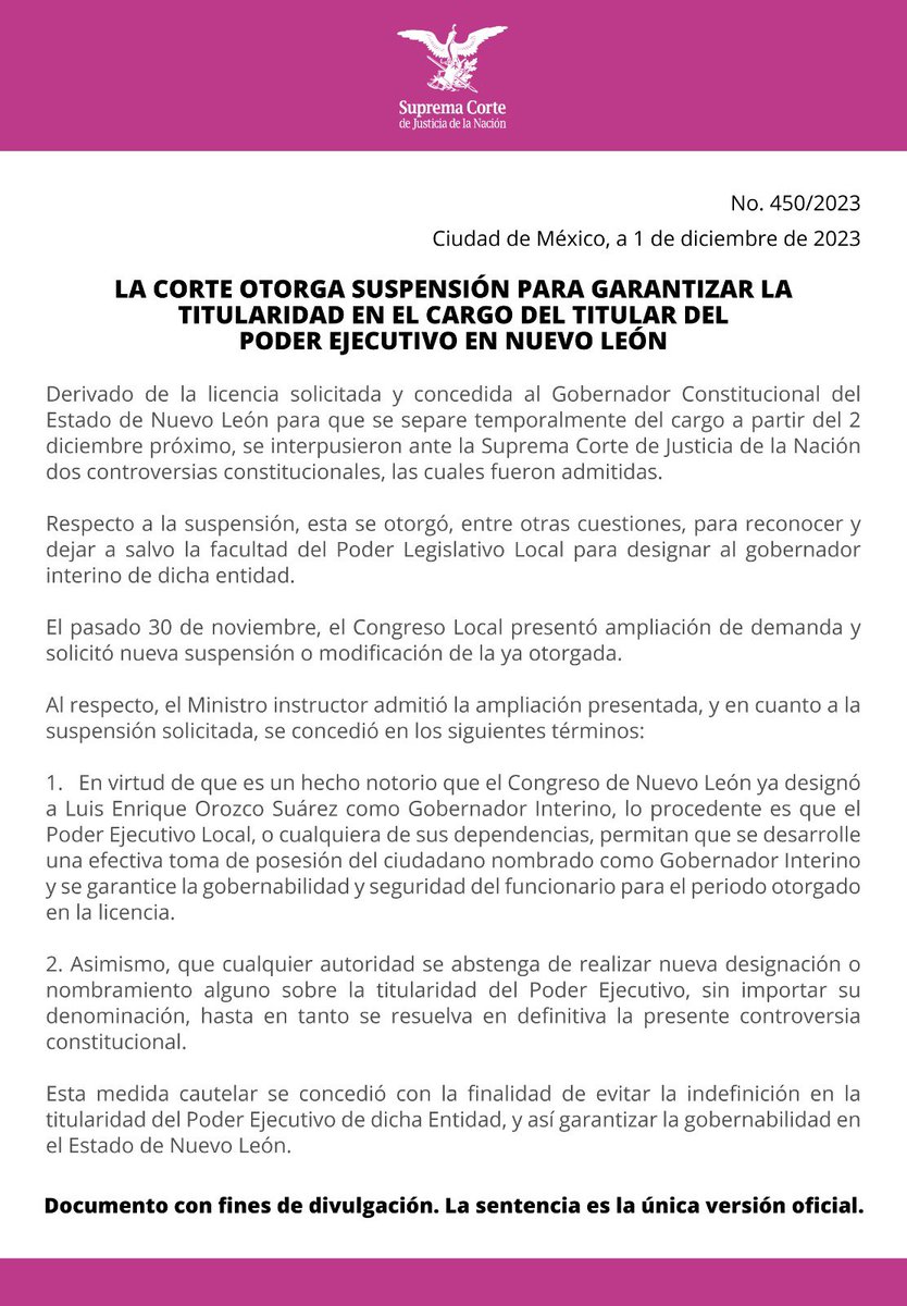 🚨 #UltimoMomento 

#LaCorte otorga suspensión para garantizar la titularidad en el cargo del titular del Poder Ejecutivo en Nuevo León.