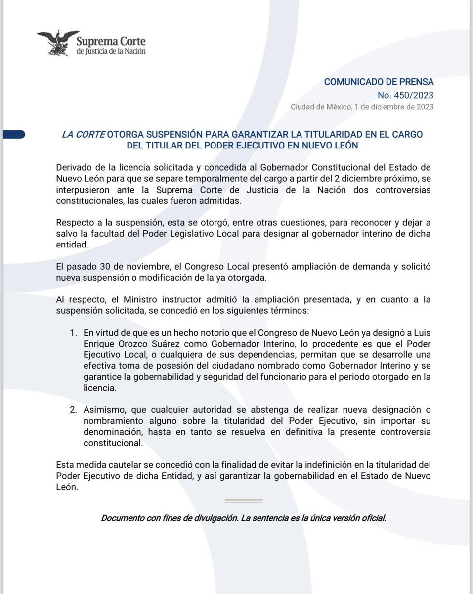 azucenau's tweet photo. #ÚLTIMAHORA | La SCJN otorga suspensión para garantizar la titularidad en el cargo del titular del Poder Ejecutivo en Nuevo León

Luis Enrique Orozco debe asumir el cargo como gobernador interino, por lo que se debe permitir que se desarrolle una efectiva toma de posesión https://t.co/SmAxDCBDq7