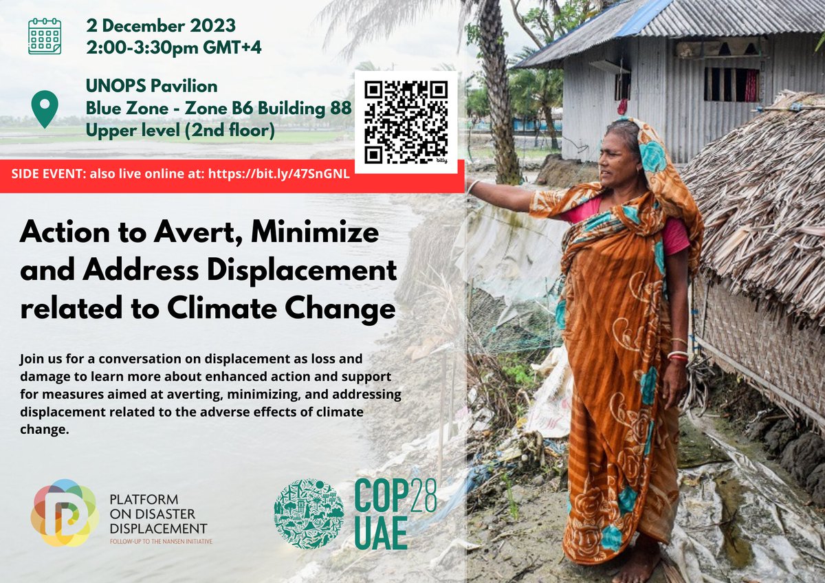What is the link between #LossAndDamage and #Displacement? 📢Join <a href="/GovernorKahiga/">Mutahi Kahiga</a> Dr. Ligia Castro de Doens @TowerAmali Hafij Khan and <a href="/JasperLinke/">Jasper Linke</a> TODAY at #COP28 to learn more about it and listen to the stories of communities!

⏰14:00
📌UNOPS Pavilion
🔗bit.ly/3uH5QhM