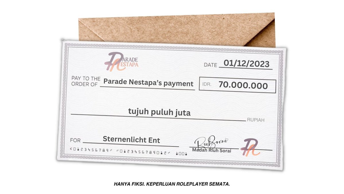 ㅤ

✉️ Parade Nestapa mengirimkan sebuah amplop berisikan selembar cek pembayaran influencer kepada STERNENLICHT ENT.

ㅤ