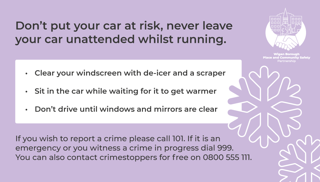 ❄ Let’s stay safe this winter ❄

As the temperatures drop, let's make sure we don't put ourselves at risk of car crimes - take the proper precautions when starting up your car.

📞 If you need to report a crime, call 101 - If it’s an emergency, call 999