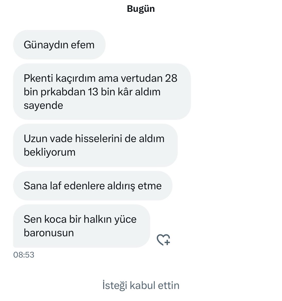 41 bin lira yapıyor!

41 bin kere maşallah hem sana hem bana kardeşim.

Ben yazdığım her hissenin arkasındayım kısa vade dediğim hisselerin hepsi uçtu

Uzun vade için bekleyeceğiz!

Takipte kalıp beğeni tuşunu çalıştırın yeter