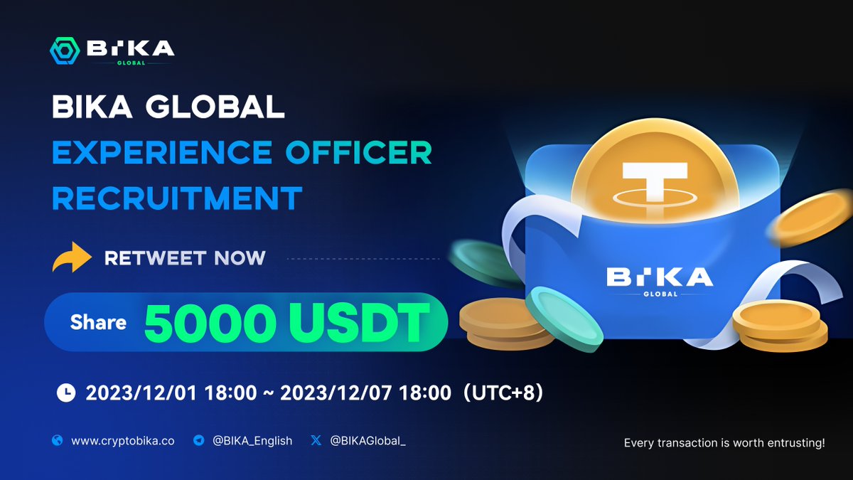 BIKAGlobal_'s tweet photo. 🧙BIKA Global's Product Upgrade Experience Officer Programme begins! 
📅：23/12/1 18:00 - 23/12/7 18:00（UTC+8）
🎁Come and share 5000+USDT💰 reward pool!

📌Quest：
1.Follow us， RT & tag 3 friends 
2.Join https://t.co/6fbG5KfmJ7 & invite 3 friends
3.RT in 3 TG groups with 500+ members & take a screenshot 
4.Fill Your  UID of BIKA Global APP  
🔗：https://t.co/pFlkYNiwUc 
#BIKAGlobal #Crypto  #Airdrop