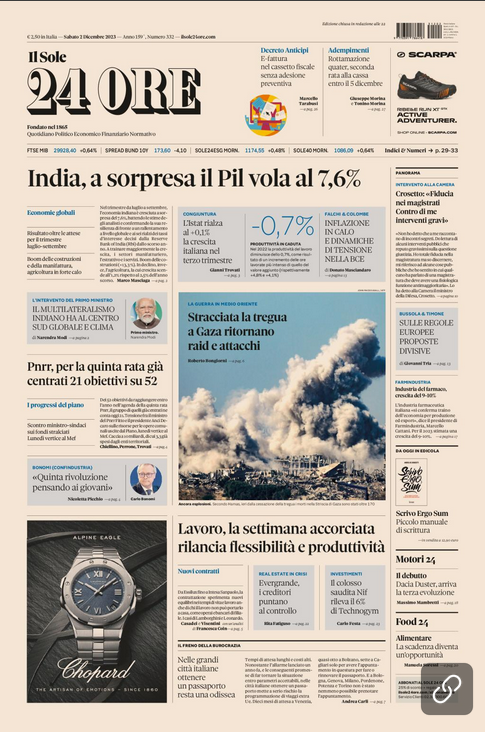 sole24ore's tweet photo. Sulla prima pagina del #Sole24Ore di oggi, sabato #2dicembre: ##India, a sorpresa il Pil vola al 7,6%. #Pnrr, per la quinta rata già centrati 21 obiettivi su 52. #Lavoro la settimana accorciata rilancia #flessibilità e produttività #buonalettura #primapagina https://t.co/A4atfWg3LJ