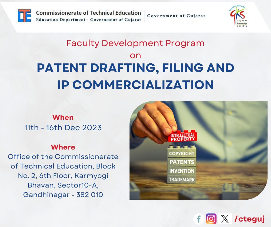 CTEGuj's tweet photo. 🚀Excited to launch our FDP on Patent Drafting, Filing & IP Commercialization! Join us from 11-16 Dec 2023 for a deep dive into IP Rights & innovation protection.
🔥 36 hrs, 24 sessions, 24 experts.
📅 11-16 Dec 2023
#Patent #IPCommercialization #Innovation #Education @banchha1 https://t.co/9TWetHm1OF