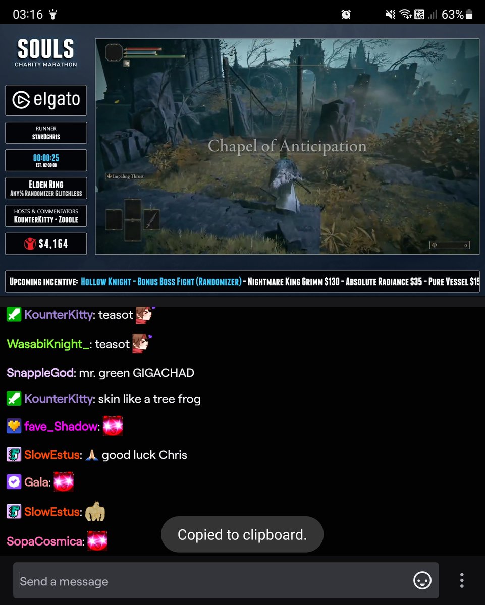 The Souls Speedruns charity marathon is live guys, right now <a href="/star0chris/">star0chris</a> is running elden ring randomizer glitchless, we still have 2 more days of content so tune in to the channel! Go wish Chris good luck and donate if you can. 
Link in the replies