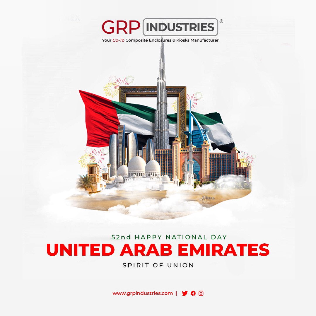 grpindustries's tweet photo. We proudly celebrate the 52nd UAE National Day 🇦🇪 !! We celebrate the spirit of unity that has shaped this great nation. Gratitude to our leaders, citizens and residents from all around the world for contributing to the prosperity and harmony of the UAE. Together, we stand stronger. Happy National Day! 🇦🇪 #UAE52 #UAENationalDay2023