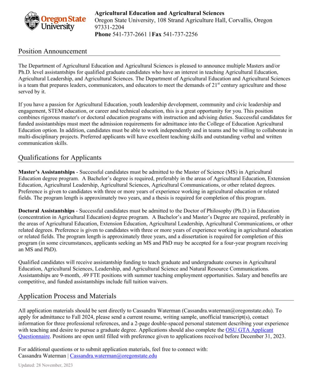 Oregon State University's Department of Agricultural Education and Agricultural Sciences is currently seeking qualified candidates for master’s and/or Ph.D. level assistantships in the program areas of Agricultural Education, Leadership Education, STEM Education, and Agricultural…