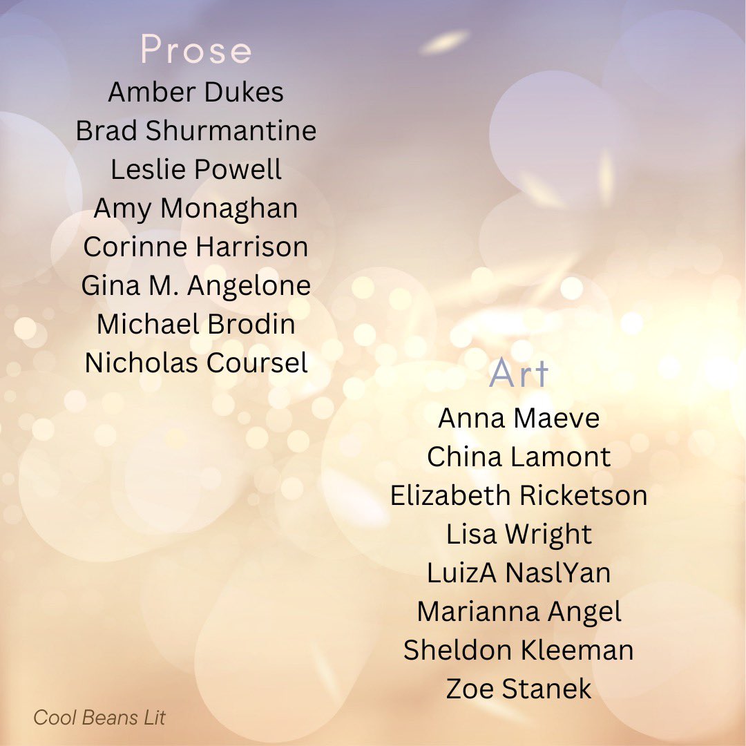 CoolBeansLit's tweet photo. Announcing our 31 wonderful contributors for Issue No. 2!

Please join us in celebrating their work in the winter issue, which will be published on December 6, 2023. 

They are the light in the dark. 💡 

https://t.co/alzDlO3mE2 https://t.co/sMBAyJt00U