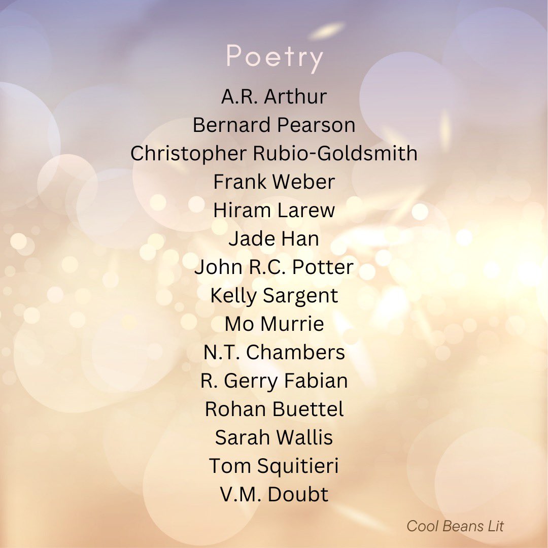 CoolBeansLit's tweet photo. Announcing our 31 wonderful contributors for Issue No. 2!

Please join us in celebrating their work in the winter issue, which will be published on December 6, 2023. 

They are the light in the dark. 💡 

https://t.co/alzDlO3mE2 https://t.co/sMBAyJt00U