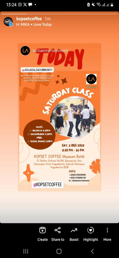 Mulai bulan November ini ada kelas Salsa di <a href="/KopSetCoffee/">𝙆𝙤𝙥𝙎𝙚𝙩 𝘊𝘰𝘧𝘧𝘦𝘦𝘚𝘩𝘰𝘱</a> Museum Batik ( Jl. Dr. Soetomo 13 A, Jogja)

Buat temen² yang mau belajar, silahkan merapat..