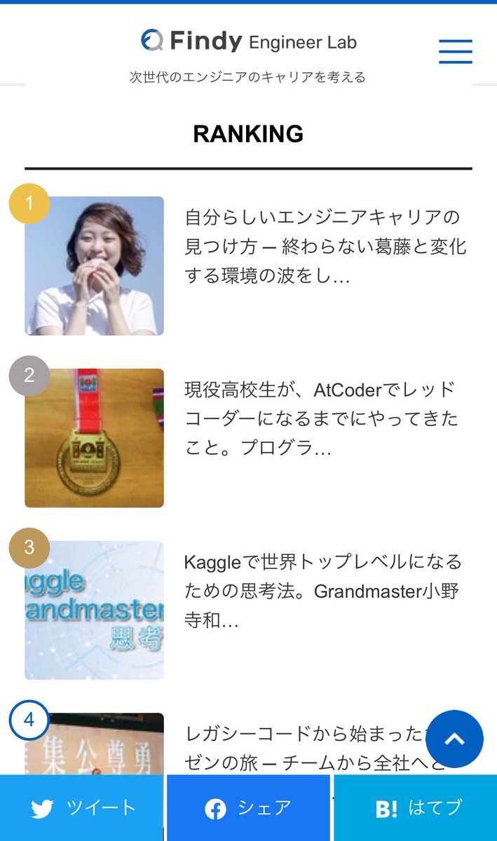 ランキング1位だ！嬉しい😭🙏
findy-code.io/engineer-lab/a…