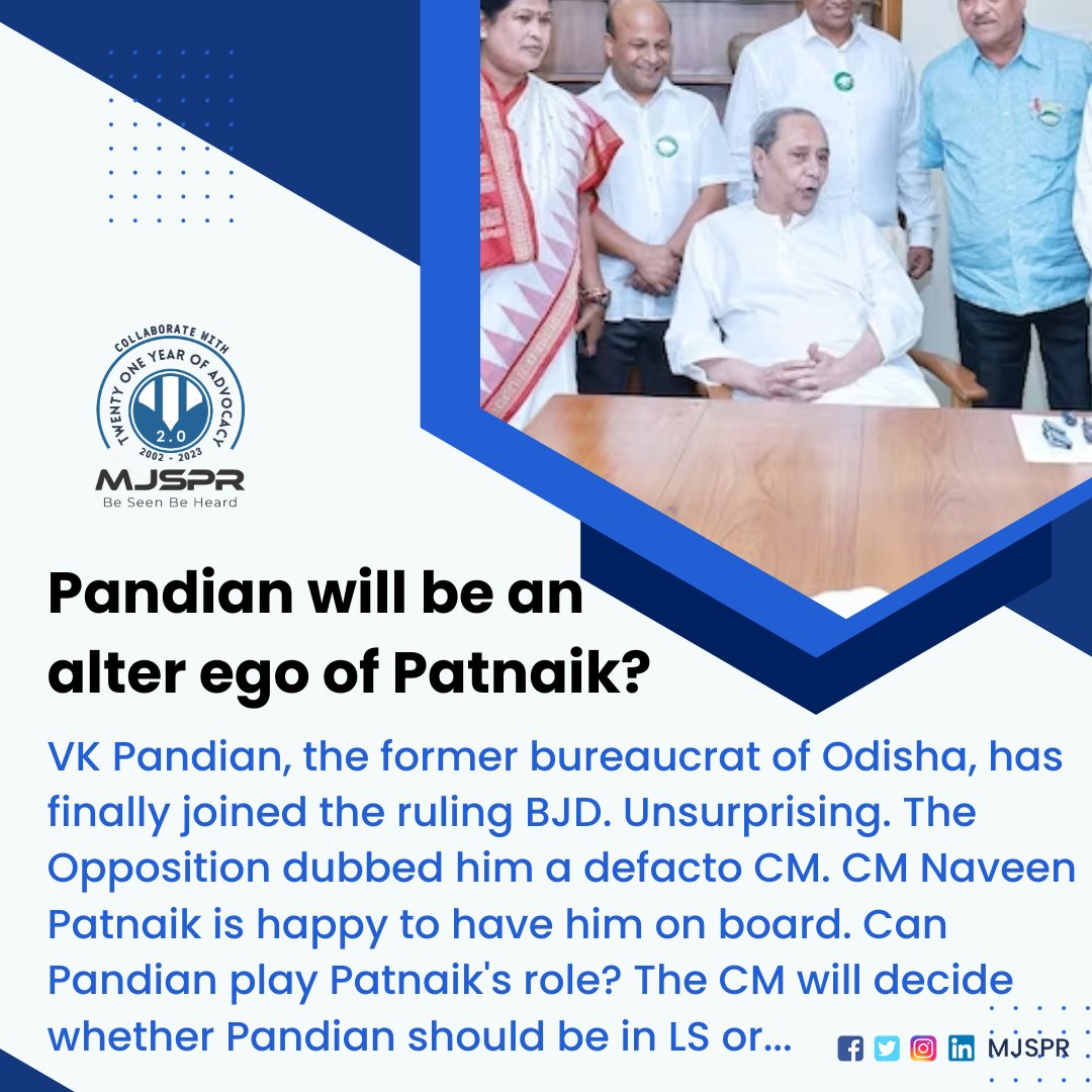 Pandian will be an alter ego of Patnaik?

#VKPandian #OdishaBureaucrat #BJDJoining #OppositionComments #DeFactoCM #NaveenPatnaik #PoliticalShifts #LeadershipRoles #CMDecision #LokSabhaContest