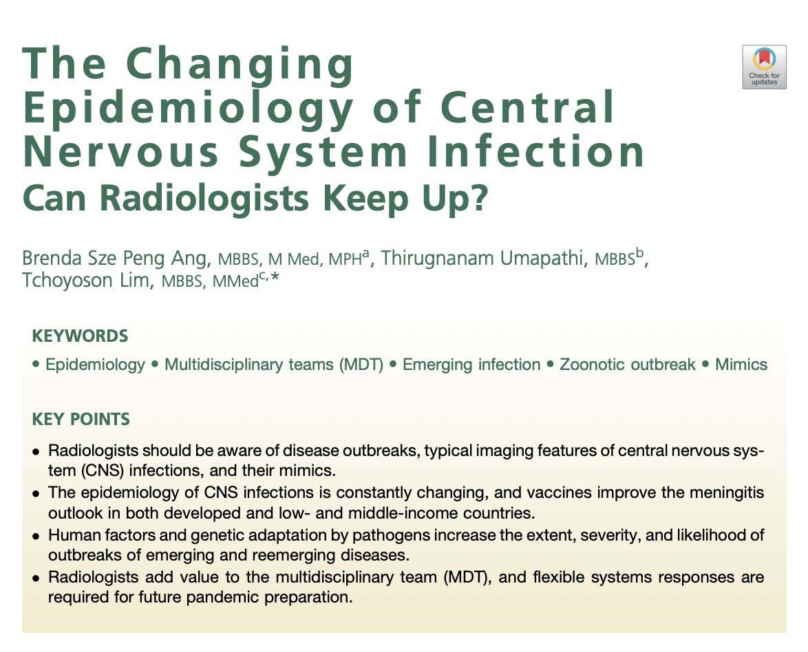 IDKD (@idkdcourse) on Twitter photo Prof. T. Lim <a href="/tchoyoson/">Tchoyoson Lim</a> from <a href="/dukenus/">Duke-NUS Medical School</a> will be teaching about "Intracranial Infection and Inflammation" at the IDKD Course in Davos (March 24-28, 2024). Prof. Lim coauthored this recent review about "The changing epidemiology of CNS Infection". sciencedirect.com/science/articl…
<a href="/RadClinics/">Radiology Clinics</a> Prof. T. Lim <a href="/tchoyoson/">Tchoyoson Lim</a> from <a href="/dukenus/">Duke-NUS Medical School</a> will be teaching about "Intracranial Infection and Inflammation" at the IDKD Course in Davos (March 24-28, 2024). Prof. Lim coauthored this recent review about "The changing epidemiology of CNS Infection". sciencedirect.com/science/articl…
<a href="/RadClinics/">Radiology Clinics</a>