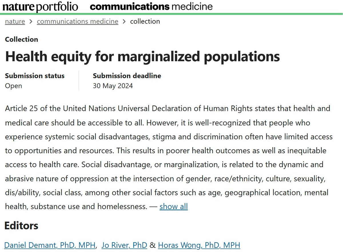 Horas Wong, PhD MPH MA RN (@horaswong) on Twitter photo Call for Submissions: We invite researchers to contribute their work on health equity for marginalized populations to Communications Medicine, a newly established journal in the esteemed Nature Portfolio.
nature.com/collections/ge…
<a href="/demant_daniel/">Daniel Demant</a> <a href="/Jo_T_River/">RIVER</a> <a href="/Horaswong/">Horas Wong, PhD MPH MA RN</a> Call for Submissions: We invite researchers to contribute their work on health equity for marginalized populations to Communications Medicine, a newly established journal in the esteemed Nature Portfolio.
nature.com/collections/ge…
<a href="/demant_daniel/">Daniel Demant</a> <a href="/Jo_T_River/">RIVER</a> <a href="/Horaswong/">Horas Wong, PhD MPH MA RN</a>