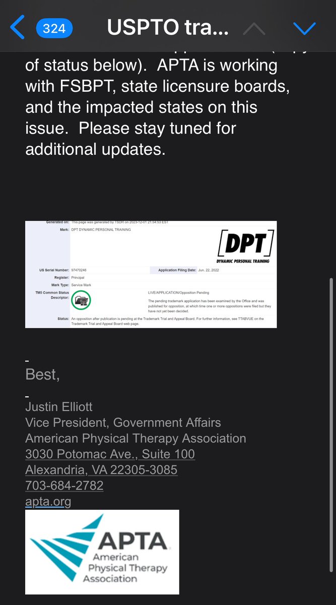 Ok so I got an email at 9:23 pm tonight from Justin Elliot (VP of Government Affairs for APTA)… well it turns out @APTAtweets have indeed already filed the OPPOSITION in the TTAB to begin a legal challenge of the “DPT” trademark given to Life Time Fitness by USPTO. Well done