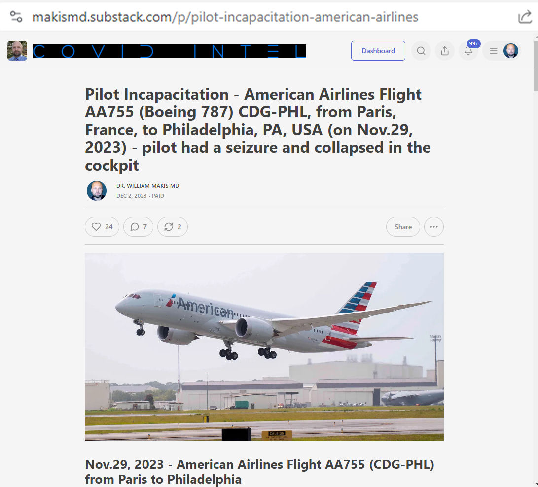 BREAKING NEWS: Pilot Incapacitation - American Airlines Flight AA755 (Boeing 787) CDG-PHL, from Paris, France, to Philadelphia, PA, USA (on Nov.29, 2023) - pilot had a seizure & collapsed!

Pilot had seizure that stiffened his legs & back, jamming his feet under rudder pedals on