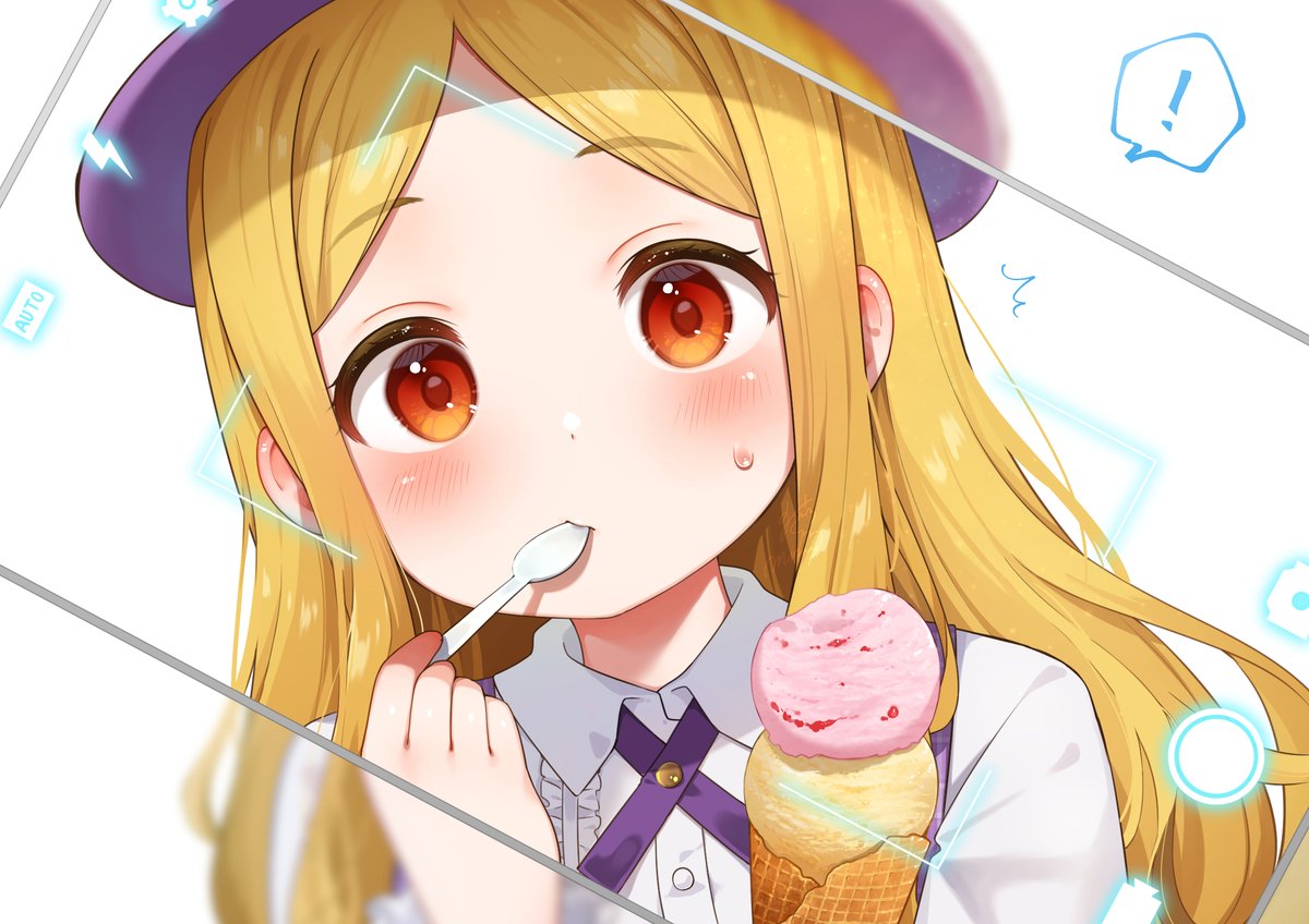 1girl solo blonde hair food hat ice cream spoon  illustration images
