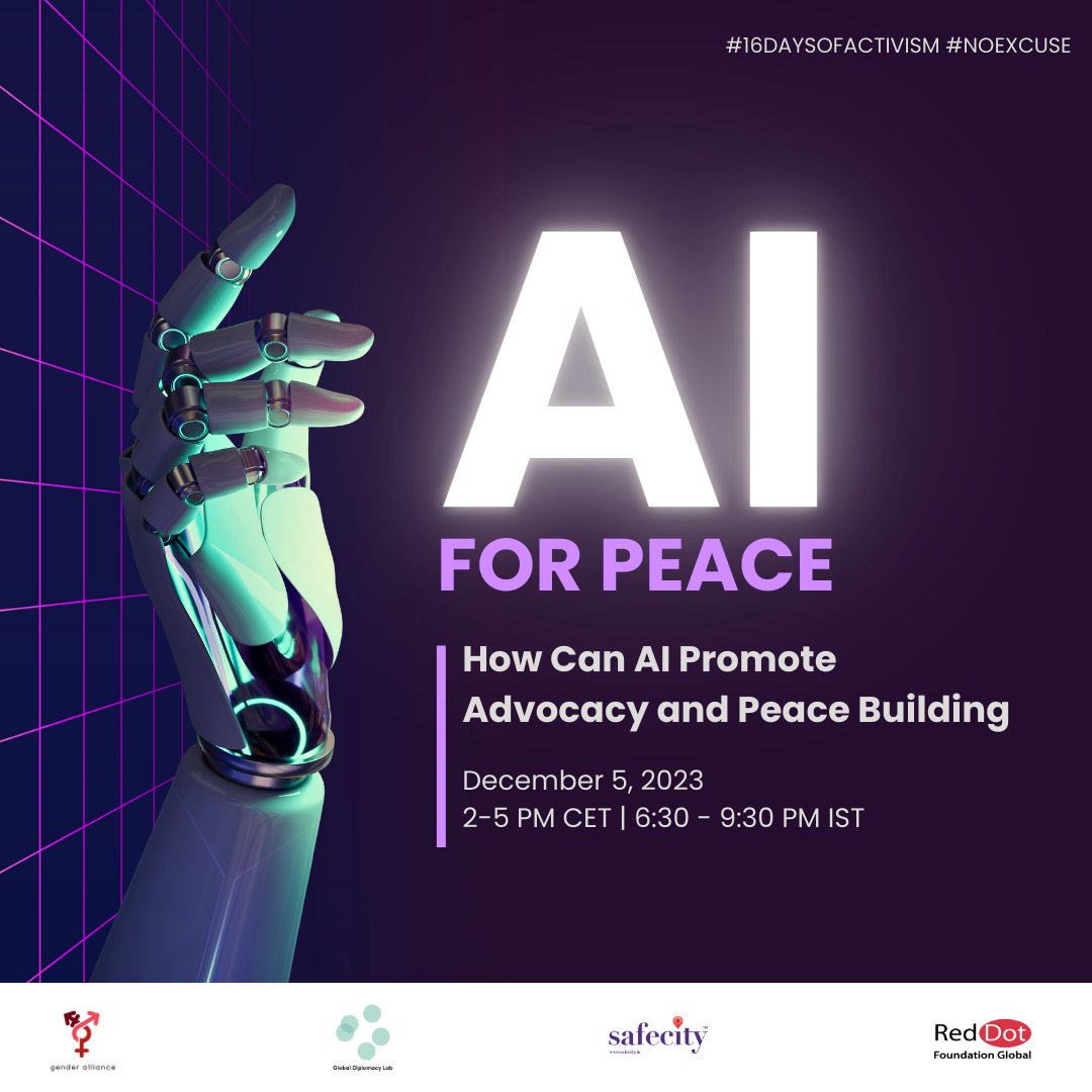 📣Explore the intersection of AI and Advocacy! Join Red Dot Foundation's 'AI for Peace and Advocacy' workshop on Dec. 5th, from 2-5 PM CET | 6:30 - 9:30 PM IST. Register: bit.ly/aiforpeace_reg… Unleash the power of tech. for positive change. #NoExcuse #SafecityCampaign