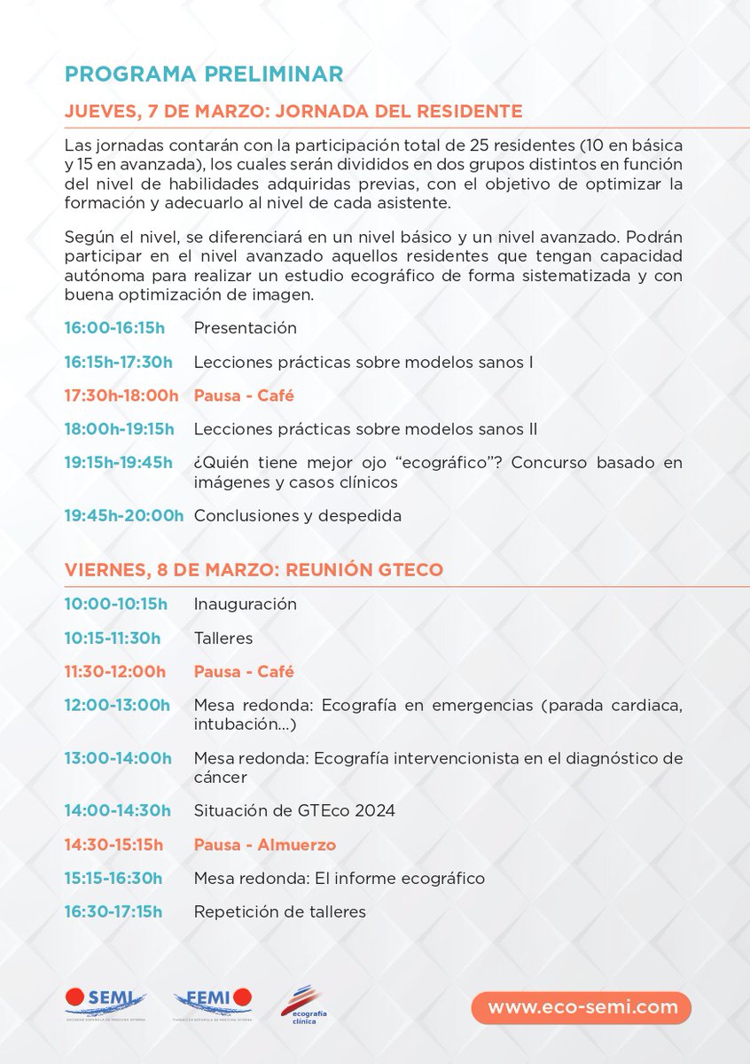 XI Reunión del GT de Ecografía Clínica de SEMI - II Reunión de Ecografía Clínica para Residentes. 

7 y 8 de marzo de 2024. 

Hospital Universitario La Paz. Madrid.

Inscripciones en: eco-semi.com

¡¡Plazas limitadas!! <a href="/Sociedad_SEMI/">#46SEMI Sociedad Española de Medicina Interna</a>