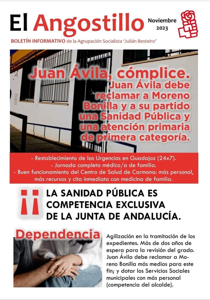 psoecarmona's tweet photo. 🗞️📰 #ElAngostillo | Todo lo que está pasando en #Carmona en materia sanitaria,Dependencia, de transporte, de seguridad ciudadana... Todas nuestras propuestas y denuncias para que #Carmona progrese.
#PSOE
#Carmona
#SiempreAdelante https://t.co/JmjpgPb4sd