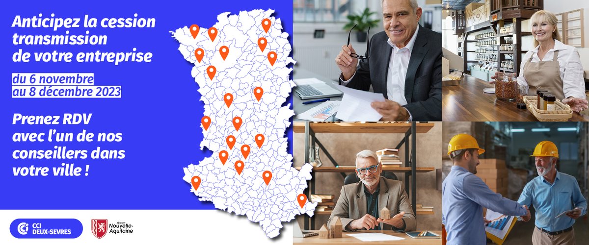 Dirigeant d'entreprise, préparez la cession de votre entreprise ! Lors des « Matinales de la transmission » du lundi 6 novembre au vendredi 8 décembre, la CCI Deux-Sèvres vous propose des rendez-vous individuels près de chez vous. 
ℹ️ Infos : bit.ly/46pmOPN 🖊️📅
