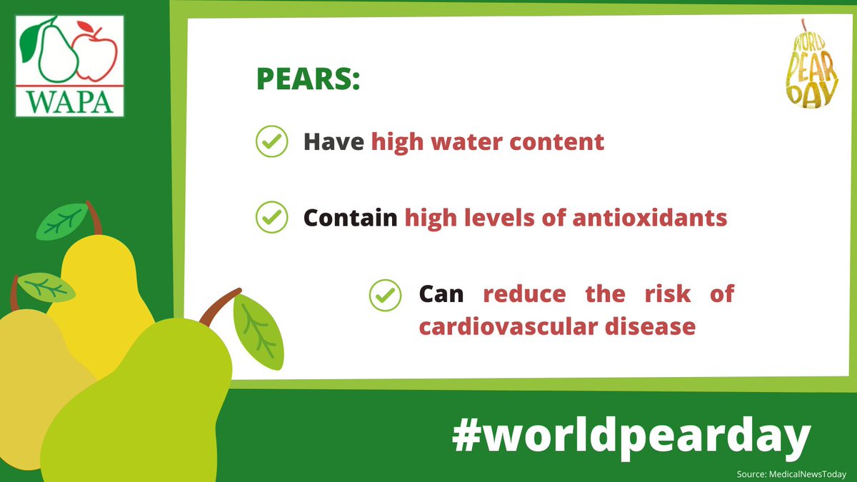 #Pears🍐 have high #water content 💧, contain high levels of #antioxidants, and can reduce the risk of cardiovascular disease ❤️

Eat one on #worldpearday!