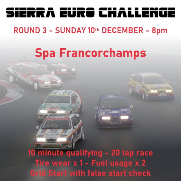 🚨 ROUND 3 - 10/12/23 🚨 20 laps of Spa - Usual settings apply, rest assured there will be no nasty weather surprises this time either!