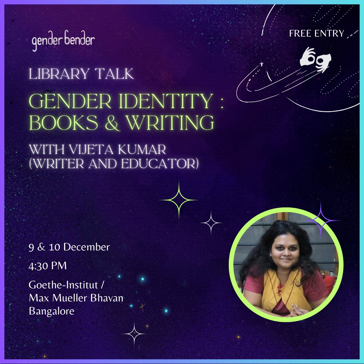 Exploring Gender Identity through 'Books & Writing' with Vijeta Kumar (Writer & Educator)📚✨ She will be sharing personal stories around books, book shops and libraries. 📅 Date: 9th & 10th Dec 🕟 Time: 4:30 PM 📍 Venue: Goethe-Institut / Max Mueller Bhavan Bangalore