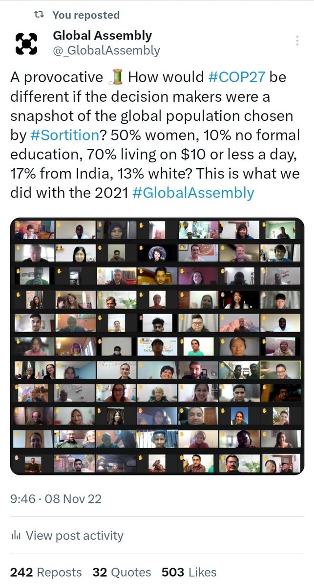 Indeed @valmasdel. A provocative 🧵 from @_GlobalAssembly a year ago for COP27. twitter.com/_GlobalAssembl… @davidlevai @Aishwarya_mx UN Advocacy co-leads @iswe_org are at #COP28UAE to get the message across. We need new inclusive global governance mechanisms. globalassembly.org/report