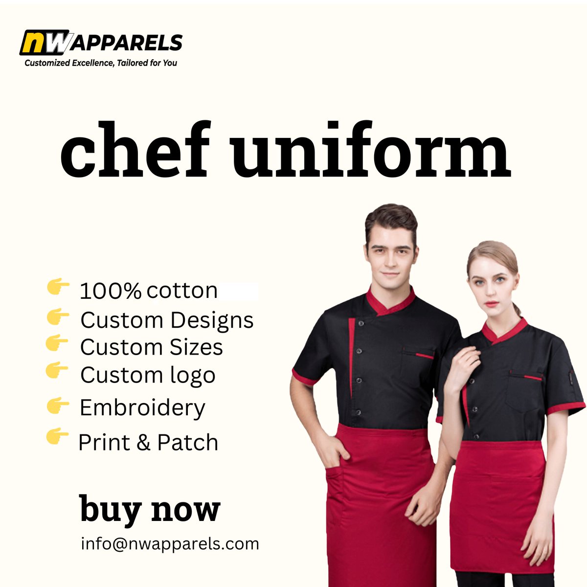 CHEF UNIFORMS
Fabric Type: Woven
Material: 100% Cotton (PC available)
Uniform Type: Chefs Uniform
Place of Origin: Pakistan
Model Number: NW-CU-A10010
Color: As customers' request
Size: XS-5XL
MOQ: 50 pcs per color
Payment: Wire (Bank)
#chefjacket #workclothes #workuniform
