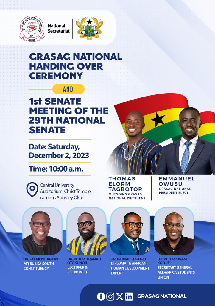 Ongoing now is the Handing Over Ceremony and 1st Senate Meeting of the 29th National Senate, Graduate Students Association of Ghana (GRASAG). AASU Secretary-General Peter Kwasi Kodjie is a special guest of honour at the ceremony.