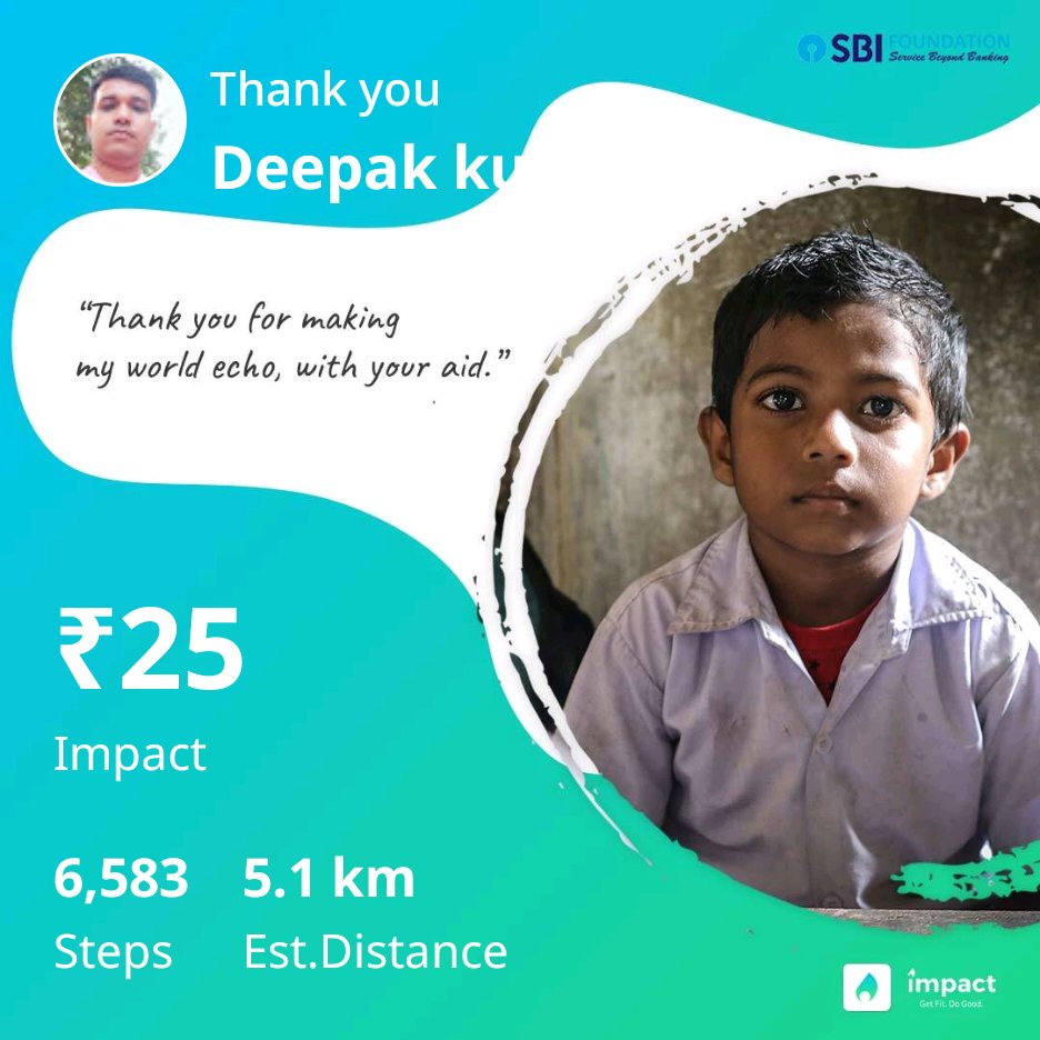 I donated my steps to support children with hearing and speech problems. Thanks to SBI for matching my steps with money. Impact app tracks our steps and converts them into money for charity. Download now onelink.to/impact