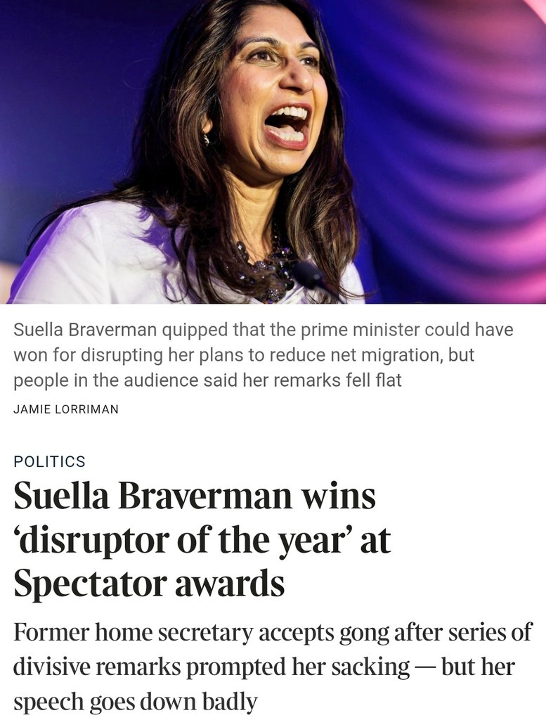 What's wrong with this country in a nutshell. Suella Braverman wins disruptor of the year at Spectator awards, after all that rhetoric and being sacked as Home Secretary. Her speech goes down badly 🤷‍♀️🙄