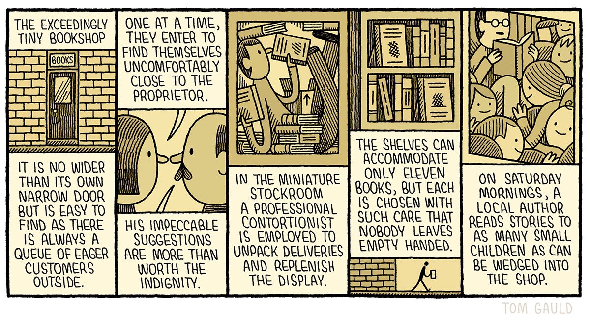 ‘The Exceedingly Tiny Bookshop’ my cartoon for today's @GuardianBooks / @GdnSaturday. Let's support good bookshops of all sizes, either locally or online.