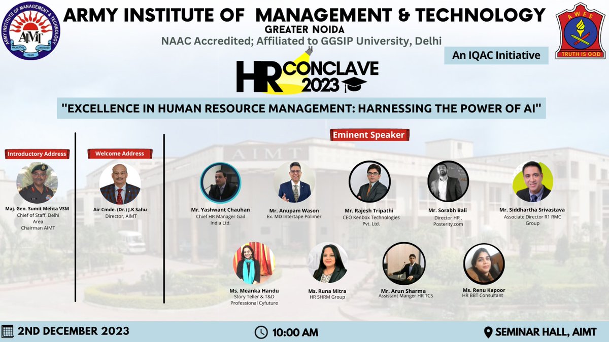 aimtgnoida's tweet photo. HR Conclave on harnessing power of AI at Army Institute of Management & Technology! ๐ Maj Gen S Mehta VSM, Chief of Staff HQ Delhi Area, and a stellar panel of HR experts delved into the transformative power of AI in HR. ๐ค๐ผ #AIinHR #HRConclave #AIMT #LeadershipImpact https://t.co/3dTpoYvrom