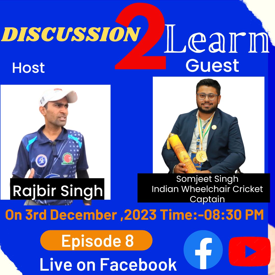 anraj1509's tweet photo. #Disscussion2Learn #ep8 with @Somjeet_Singh07, Indian Wheelchair Cricket, Captain on this Sunday. Rajbir Singh
#divyangcricket #wheelchaircricketindia #SomjeetSingh
Subscribe my YouTube Channel
https://t.co/1t5c2SklT4 https://t.co/t4DoOrkbaU