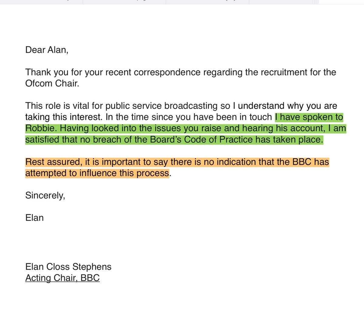 So I have had a reply from the acting chair of the BBC about Robbie Gibb and his attempt to fix the chair of the BBC regulator. Highlighted in red are the bits where she answers a single one of the 15 question I asked (joke: she doesn’t) 1/4