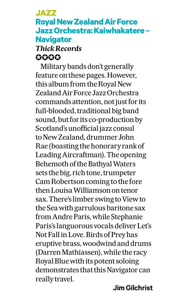 Thank you, Jim Gilchrist @scotsman_arts for this fine review of Kaiwhakatere, the enthusiastically received new album by the Royal New Zealand Air Force Jazz Orchestra. #jazz #jazzmusic #jazzorchestra #bigbandjazz